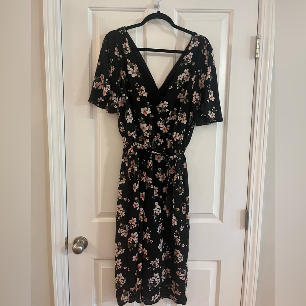 Black Floral Jumpsuit  with Tie Front and V-Neck